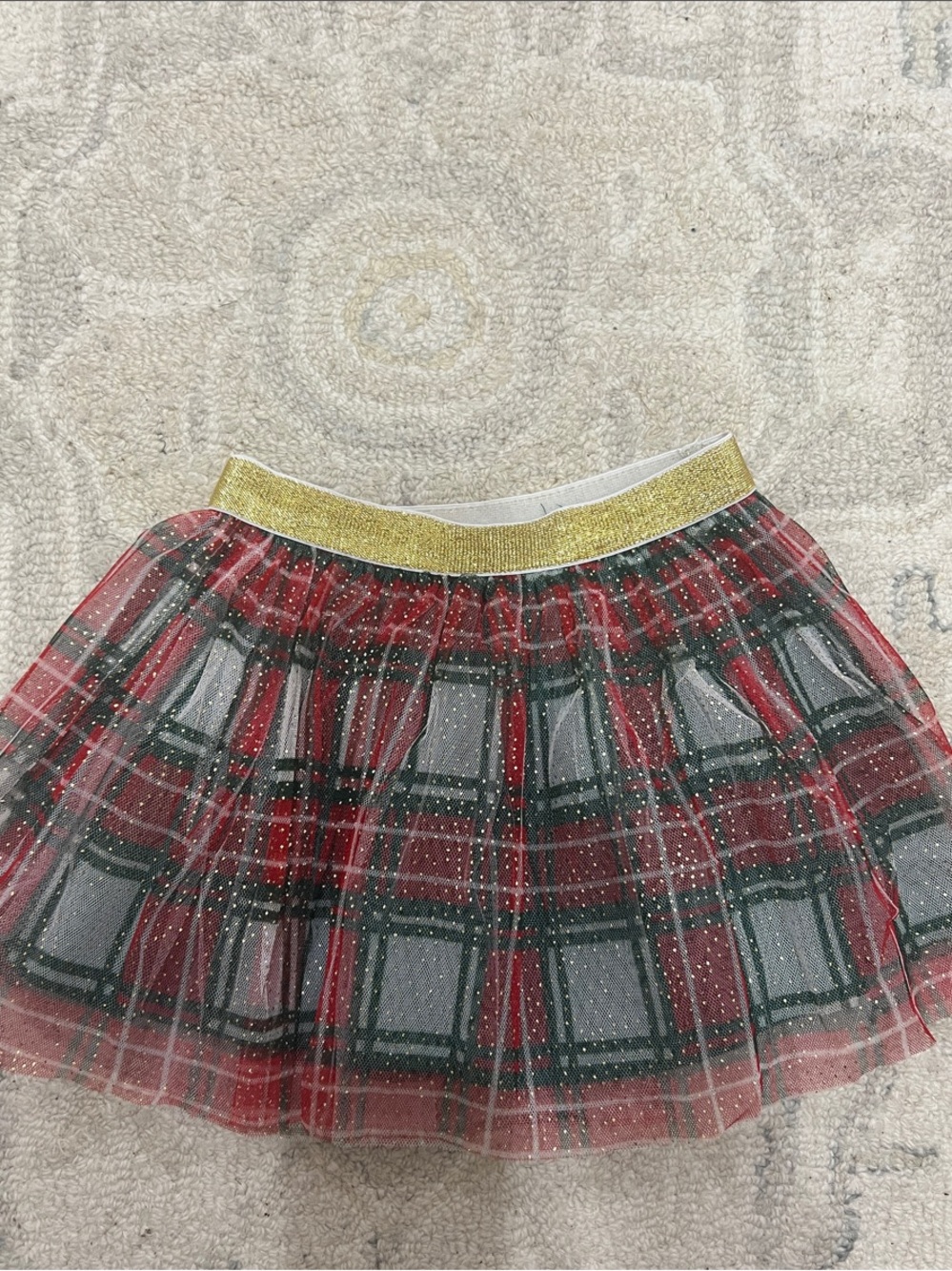 Girls Red Plaid Christmas Tulle Tutu Skirt with Gold Elastic Waistband 2-4T